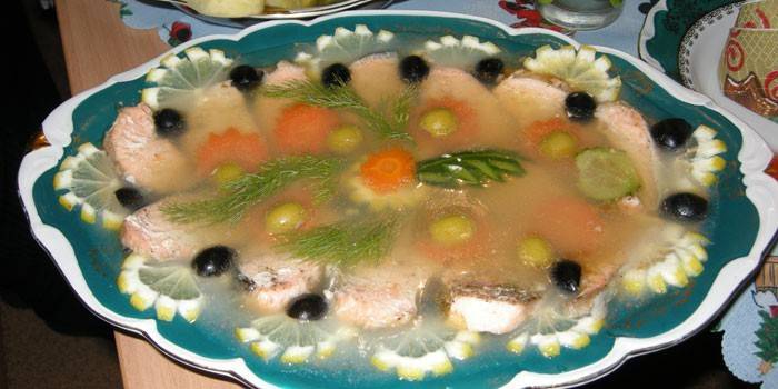 Aspic pronto de salmão em um prato
