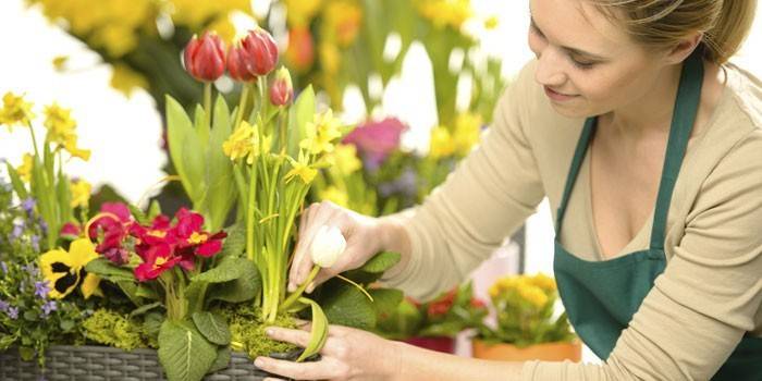 Garota de florista faz um buquê