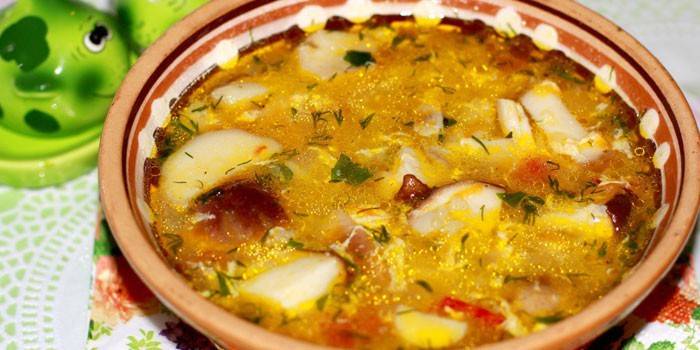 Rassolnik com cogumelos selvagens e arroz