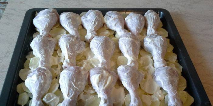 Muslos de pollo en mayonesa con papas antes de hornear