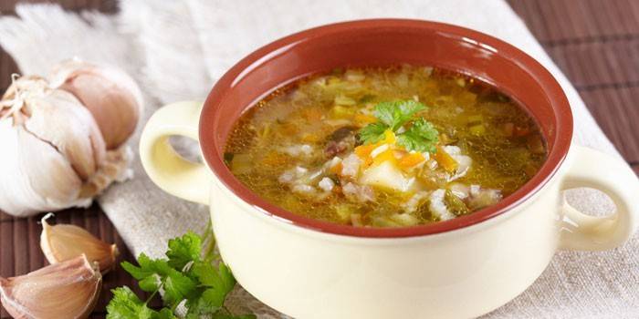 Rassolnik em caldo de carne e arroz