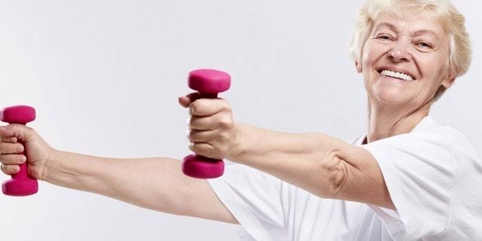 Mulher, com, dumbbells