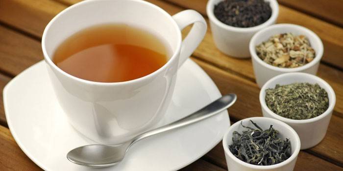 Té en una taza y hierbas medicinales secas
