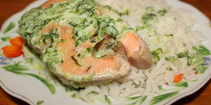 Salmón Coho en salsa cremosa con arroz adornado
