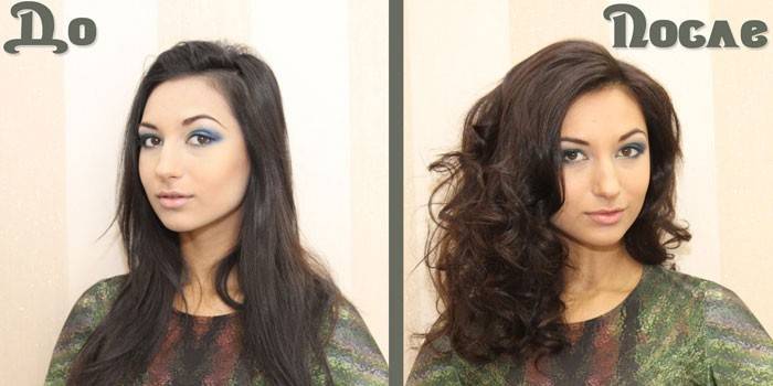 Foto de uma menina com cabelo escuro antes e depois da tonificação