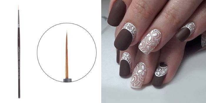 Pincel e design de renda nas unhas