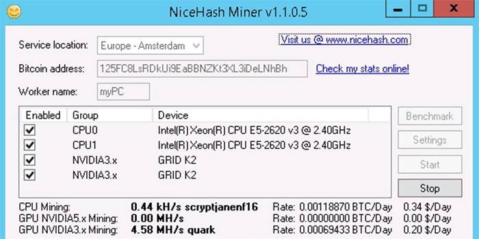 Uruchamianie wyszukiwania dla procesora NiceHash Miner