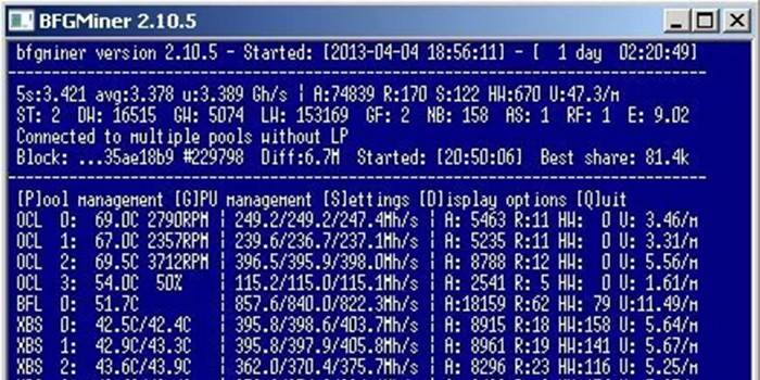Cliente para mineração de BFGminer em uma tela de computador