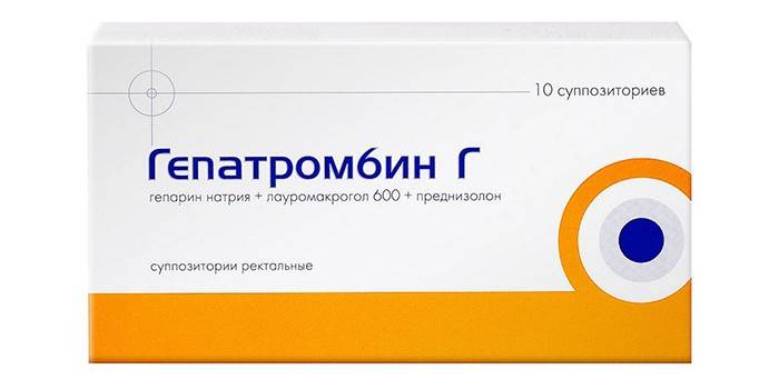 Supositórios retais Hepatrombina G na embalagem