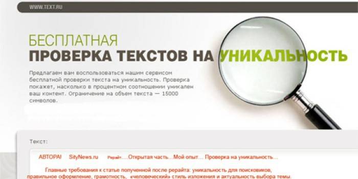 Sitio web Text.ru y lupa