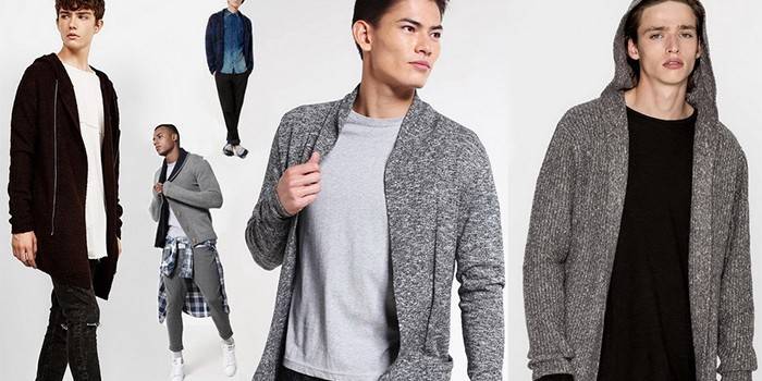 Hombres jóvenes en cardigans masculinos