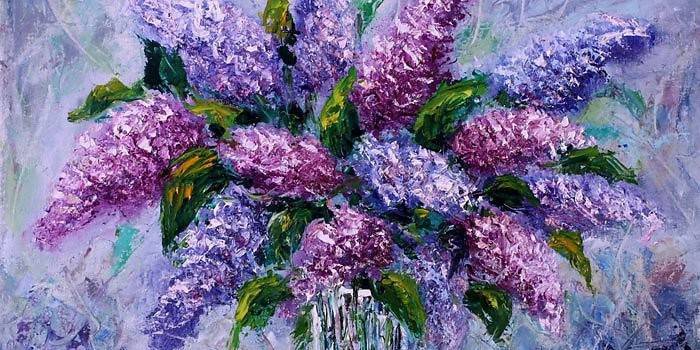  Pintura a óleo um buquê de lilases,