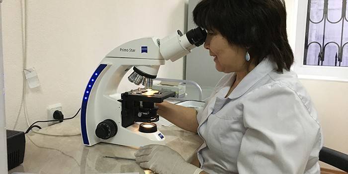Laboratórny technik analýzy pod mikroskopom