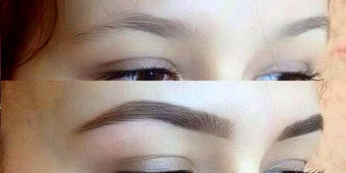 Sobrancelhas de uma menina antes e depois da sobrancelha biotattoo
