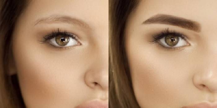 Sobrancelhas da menina antes e depois da coloração com hena