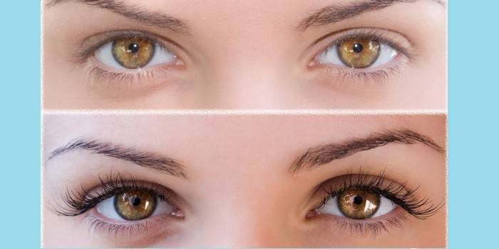 Sobrancelhas da menina antes e depois da coloração com hena