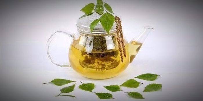 Decocção de folhas de bétula em um bule