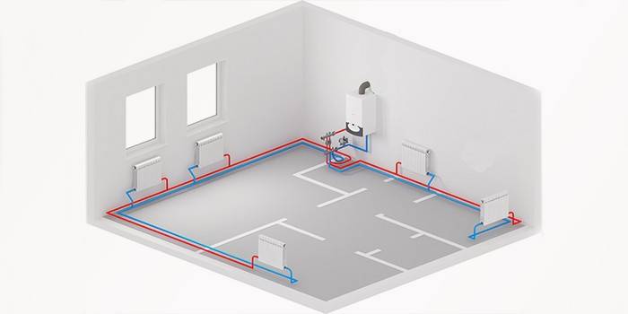 Diagrama de um sistema de aquecimento de circuito duplo com fiação inferior