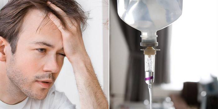 Un hombre tiene dolor de cabeza y cuentagotas.