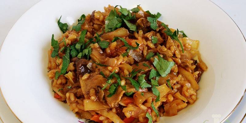 Repollo frito con arroz y champiñones